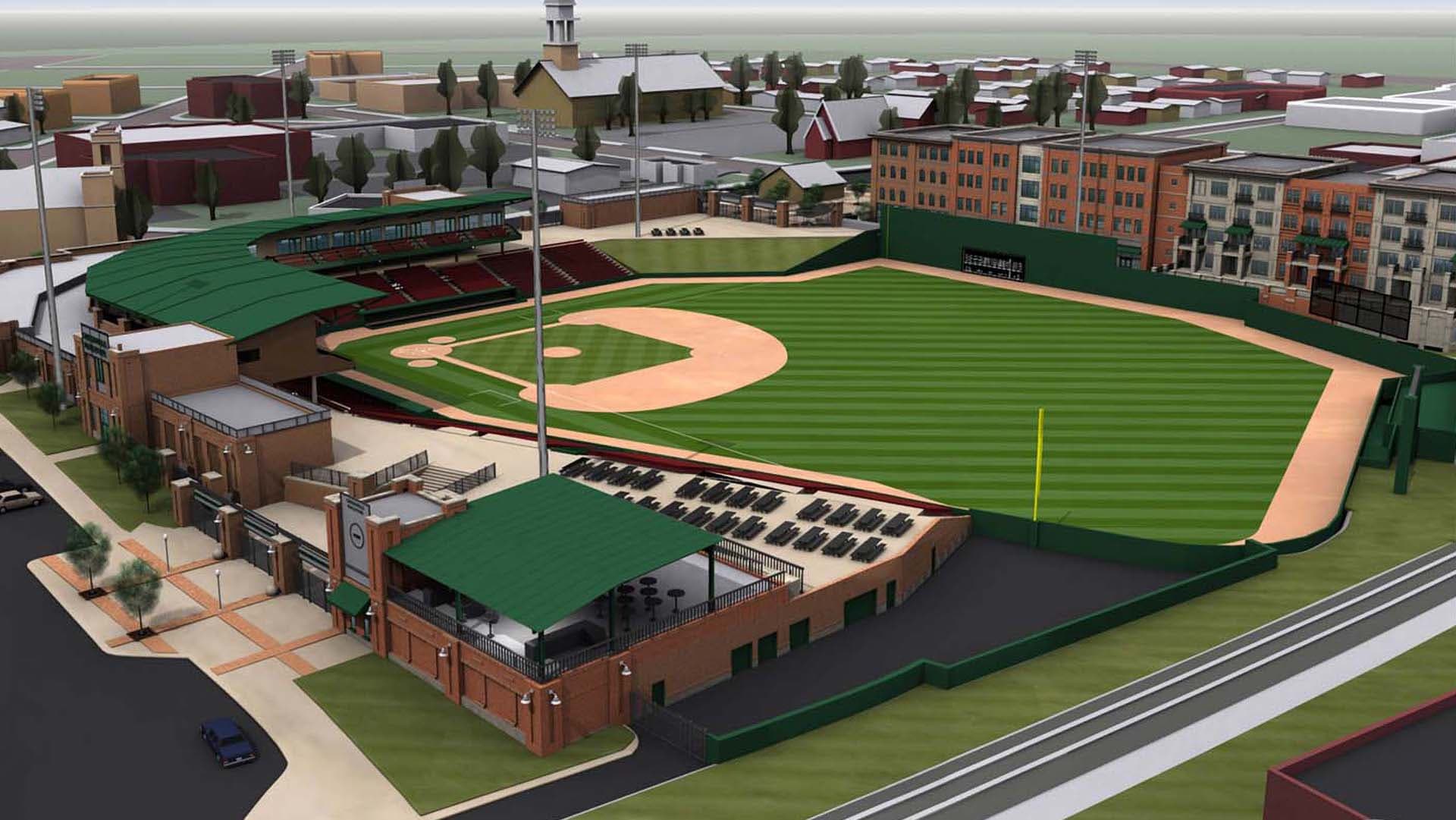 Aerial rendering of Fluor Field baseball stadium in downtown Greenville