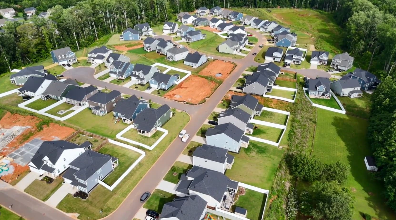 Aerial view of new homes and streets in the Fox Hollow subdivision