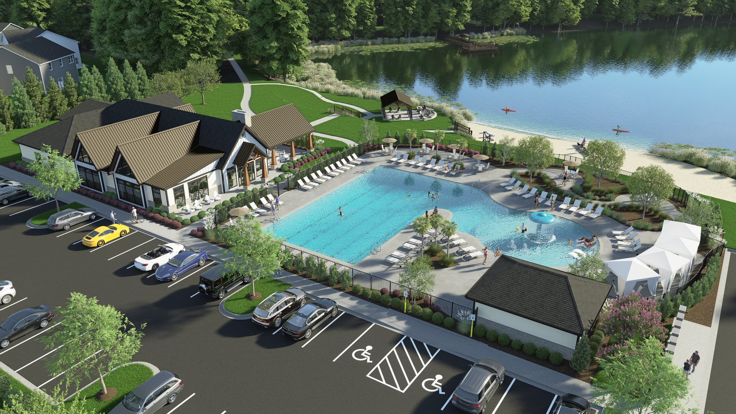 Rendering of the Hollins at Everly clubhouse, pool and lake