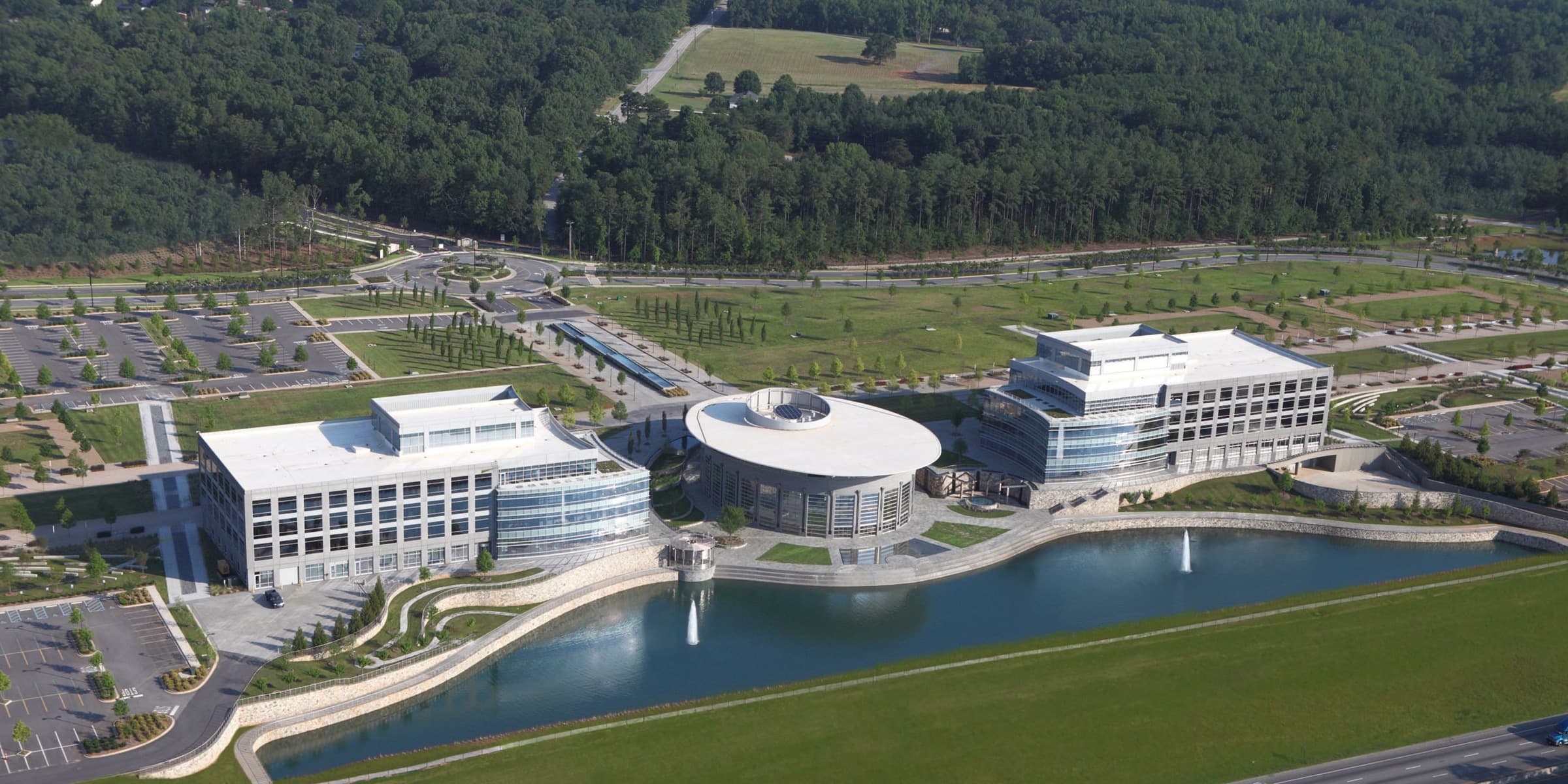 Aerial view of the TD Bank corporate campus office buildings beside a pond